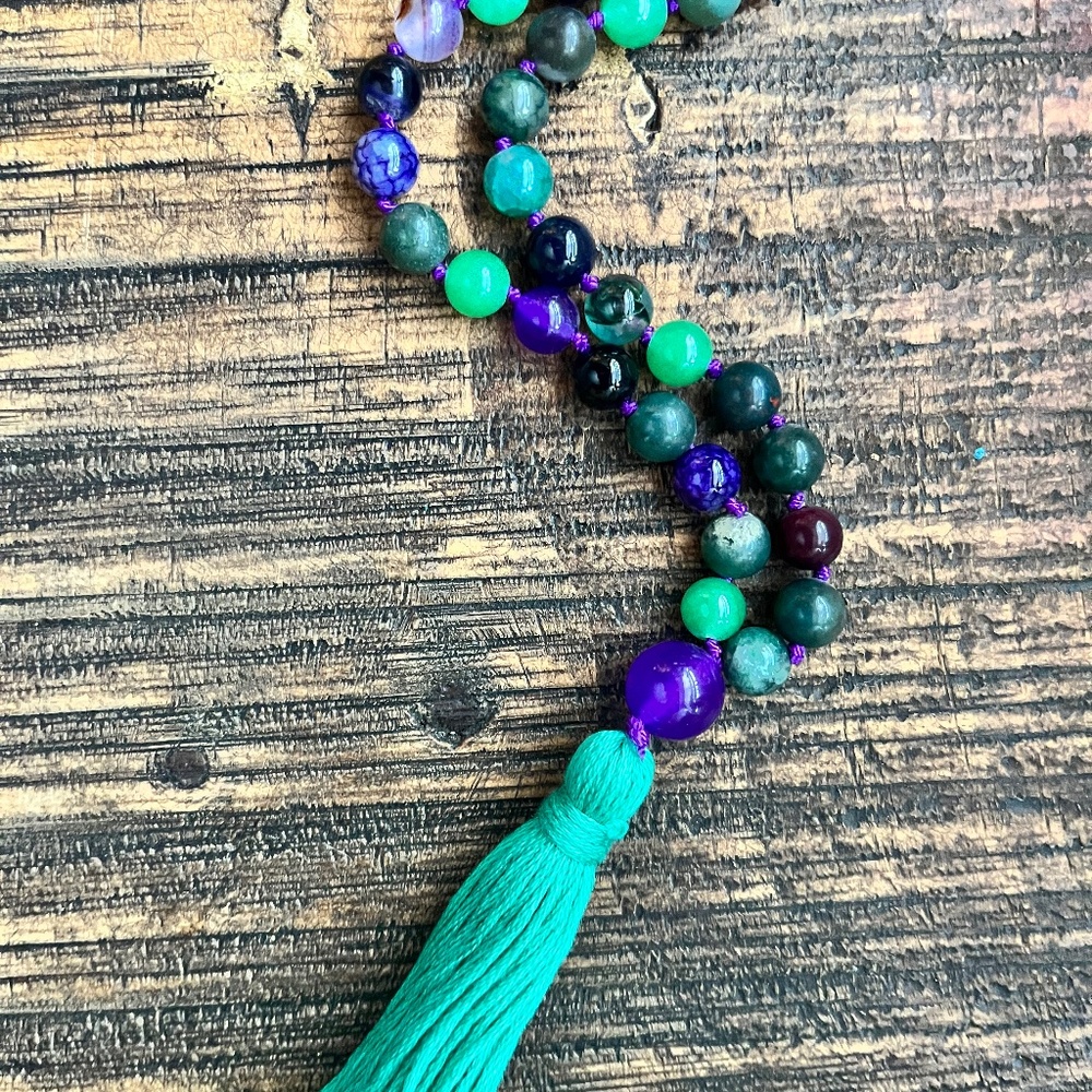108 bead Amethyst chalcedony and glass mala